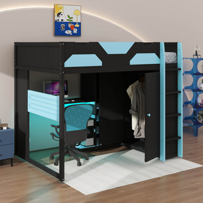 Lit mezzanine double en bois avec bureau, tablettes multiples, lumière USB et RVB