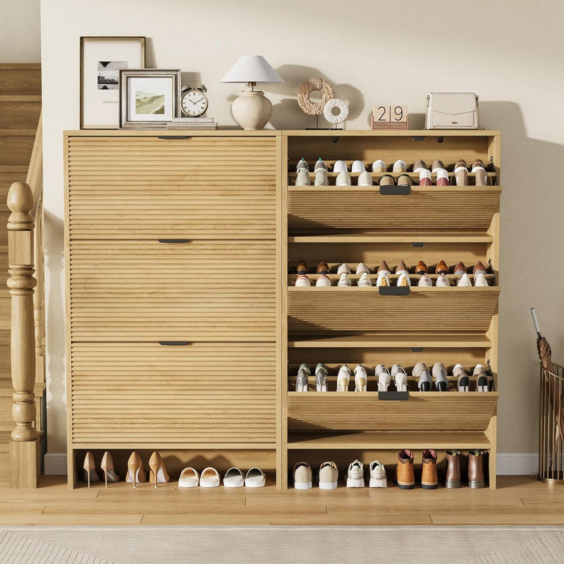 Armoire à chaussures pour le vestibule, armoire à chaussures cannelée avec 3 portes à tiroir rabattable, support caché de 32 po de largeur pour le couloir