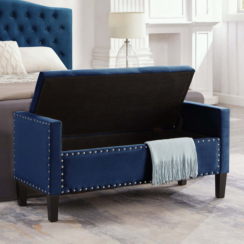 Banc de rangement rembourré avec accoudoirs et garniture cloutée, Marine