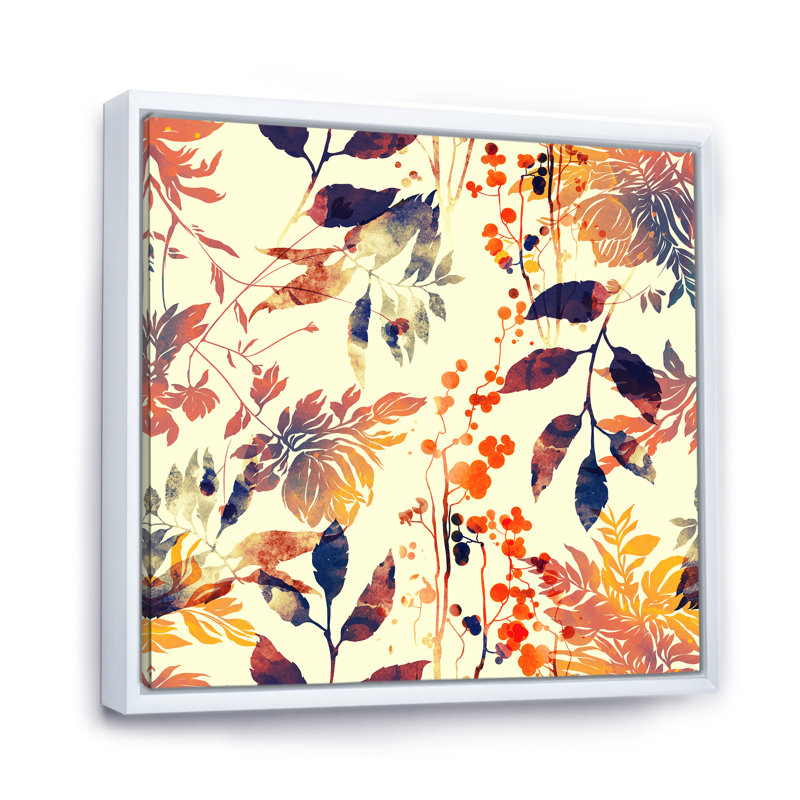 Fleurs et feuilles abstraites en jaune rétro - Impression sur toile, H 30 po x l 30 po x P 1 po, Cadre flottant blanc