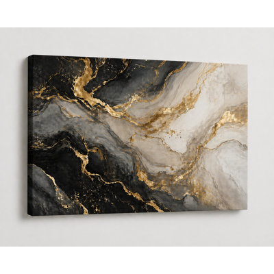 Grande peinture murale abstraite moderne en marbre noir et doré pour salon, chambre à coucher, bureau, impression sur toile 24 x 36 pouces - prête à être accrochée