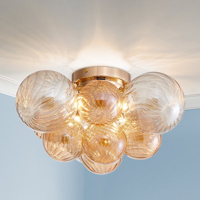 Modern Bubble Glass Flush Mount Ceiling Light Fixture, Gold 4-light Ceiling Chandelier With Amber Textured Glass Globe Shades, 18” Living Room Bedroom Dining Room Lighting
