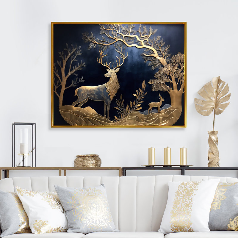 Cerf doré dans la forêt II - art mural forêt, H 30 po x l 40 po x P 1,5 po, Cadre flottant doré