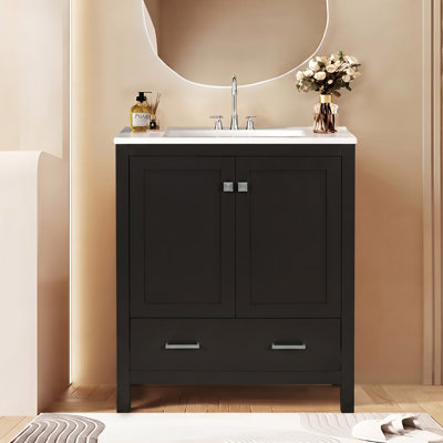 Meuble-lavabo simple de 30 po avec lavabo sous-comptoir noir, armoire de rangement autoportante avec cadre en bois massif, 2 portes et 1 tiroir, quincaillerie à fermeture en douceur pour la salle de bain et la salle d'eau des invités