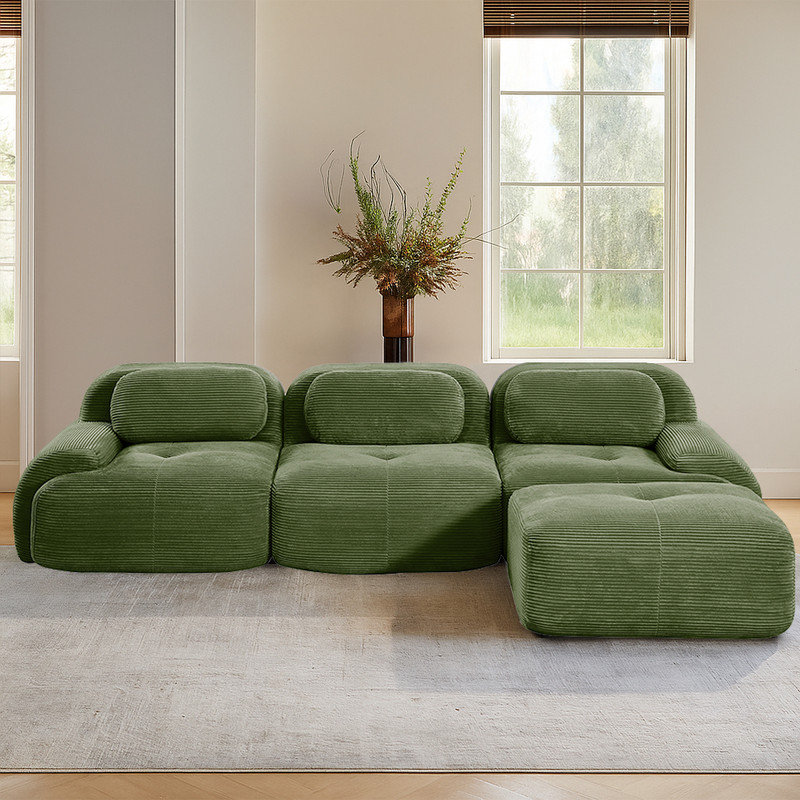 Boneless Modular L-Shaped Sectional Cloud Couch With Ottoman, Plush Corduroy, No Assembly Required, Big Comfy Couches Set With Fluffy Memory Foam