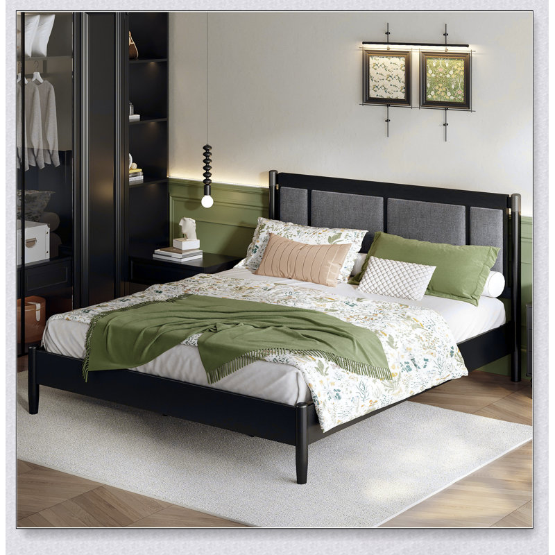 Lit en bois massif avec support robuste de 600 lb, aucun sommier tapissier requis et tête de lit tapissier avec poignées en métal