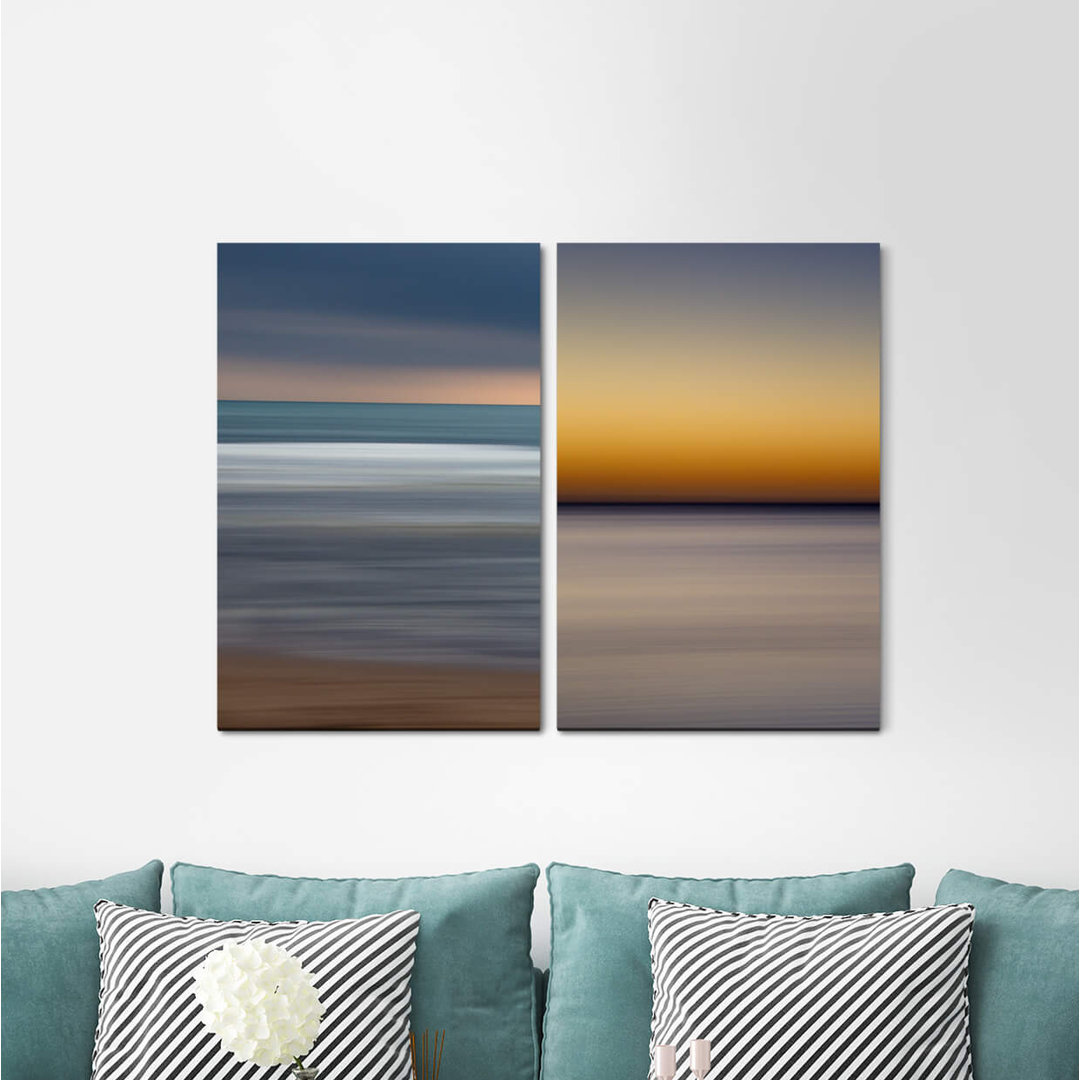 2-tlg. Leinwandbilder-Set - Grafikdruck „Horizon Minimal Sea Sunset Modern Bauhaus”