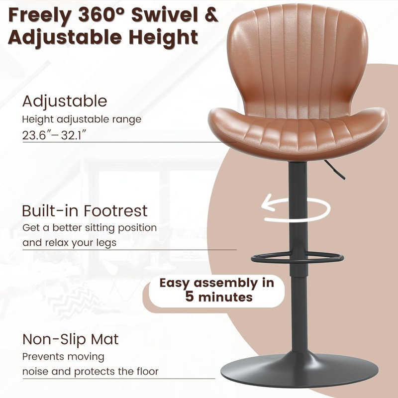 Bar Stools Set of 2,Adjustable Swivel Counter Height Bar Stools with Back & Footrest,Modern Design Bar Chairs,Faux Leather Upholstered Barstools for Bar,Kitchen