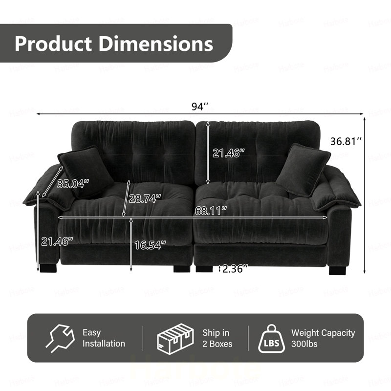 Canapé en chenille plissé 3 places avec support à ressorts durable et coussins en mousse épaisse et dense, Chenille - noir