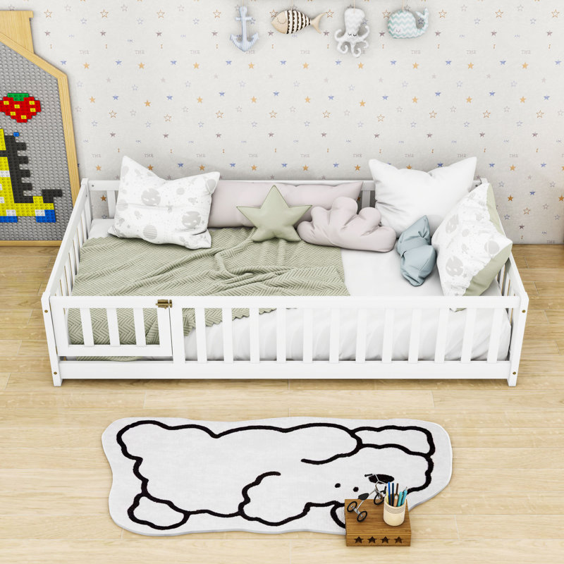 Wooden Floor Bed With Guardrails And Slats, Twin, White