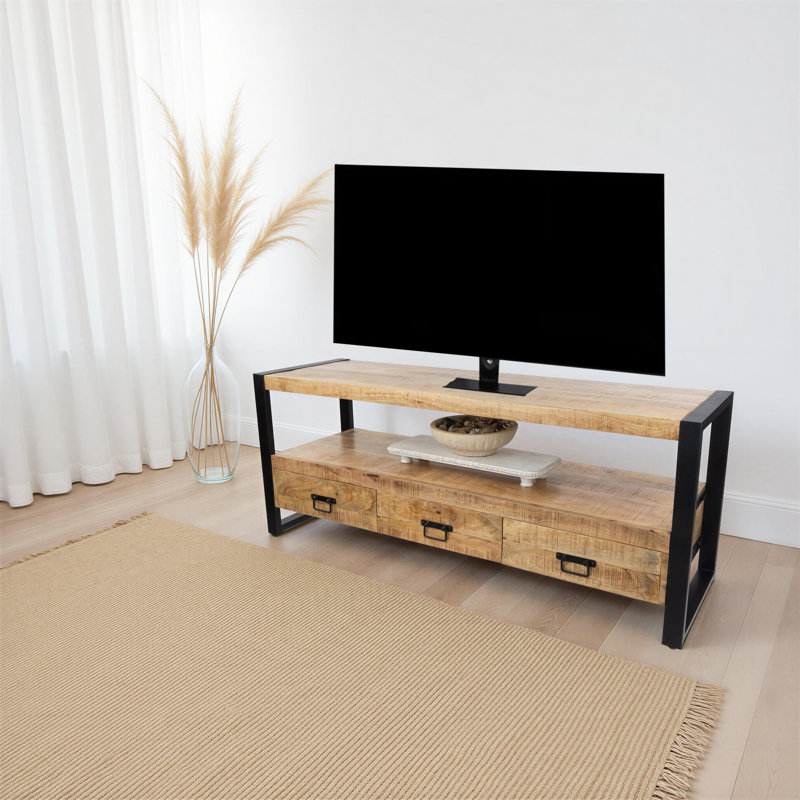 60" Solid Mango Wood Industrial TV Stand with Storage Drawers, 24"H x 60"L x 18"W