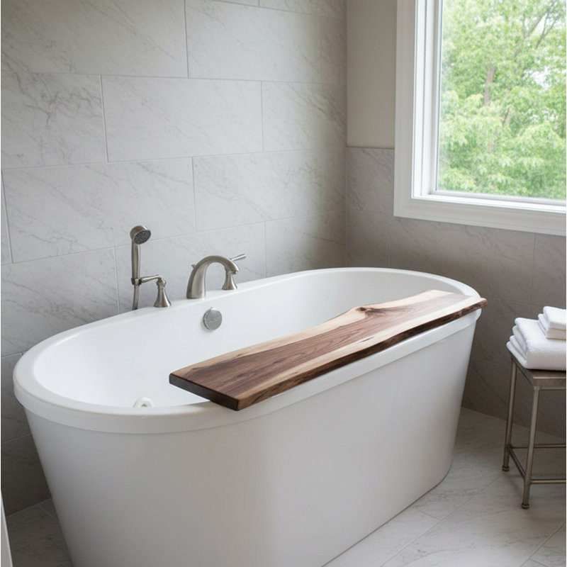 Plateau pour baignoire Live Edge | Panneau de bain en bois fait à la main 34 "sans fente, H 9 po x l 34 po x P 2,5 po