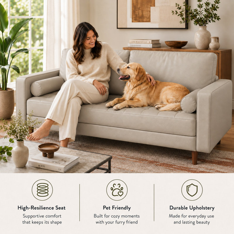 Canapé à accoudoirs carrés en cuir Bridgeview, H 33 po x l 58 po x P 32 po, Cuir végétalien beige