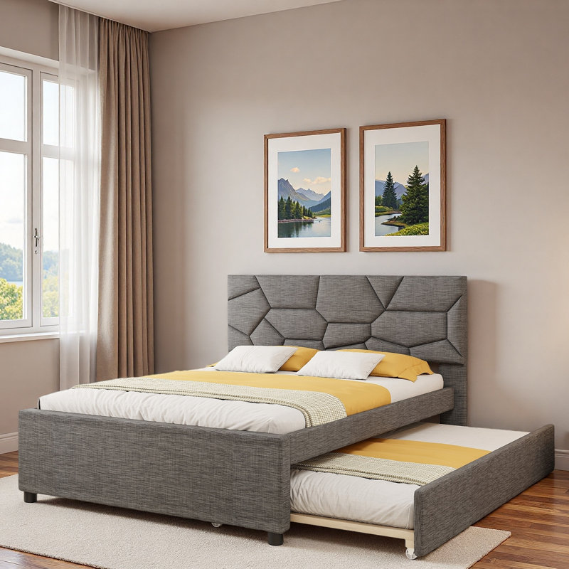 Upholstered Platform Bed With Brick Pattern Headboard And Trundle, Gris