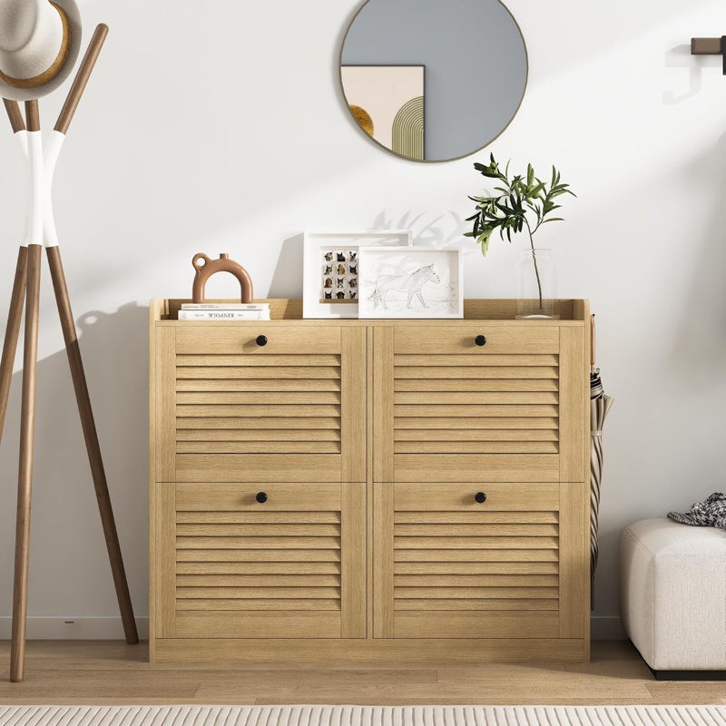Grande armoire à chaussures avec 4 tiroirs rabattables, armoire à chaussures étroite pour entrée avec pieds en bois, Ivory