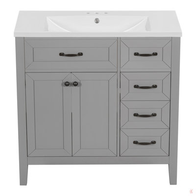 36" Bathroom Vanity With Sink Combo, Bathroom Cabinet With 5 Drawers, Solid Frame And Mdf Board