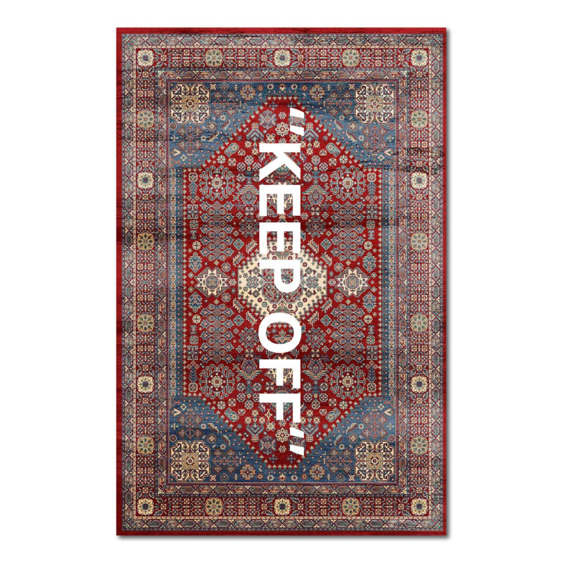 Tapis persan rouge rétro à motif de tapis Keep Off, Rectangle 2 pi 8 po x 5 pi