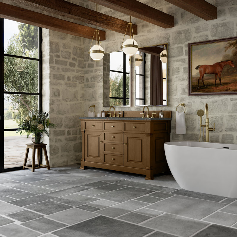 Brookfield 60 in. Double Vanity, Honey Oak, Parisien Bleu