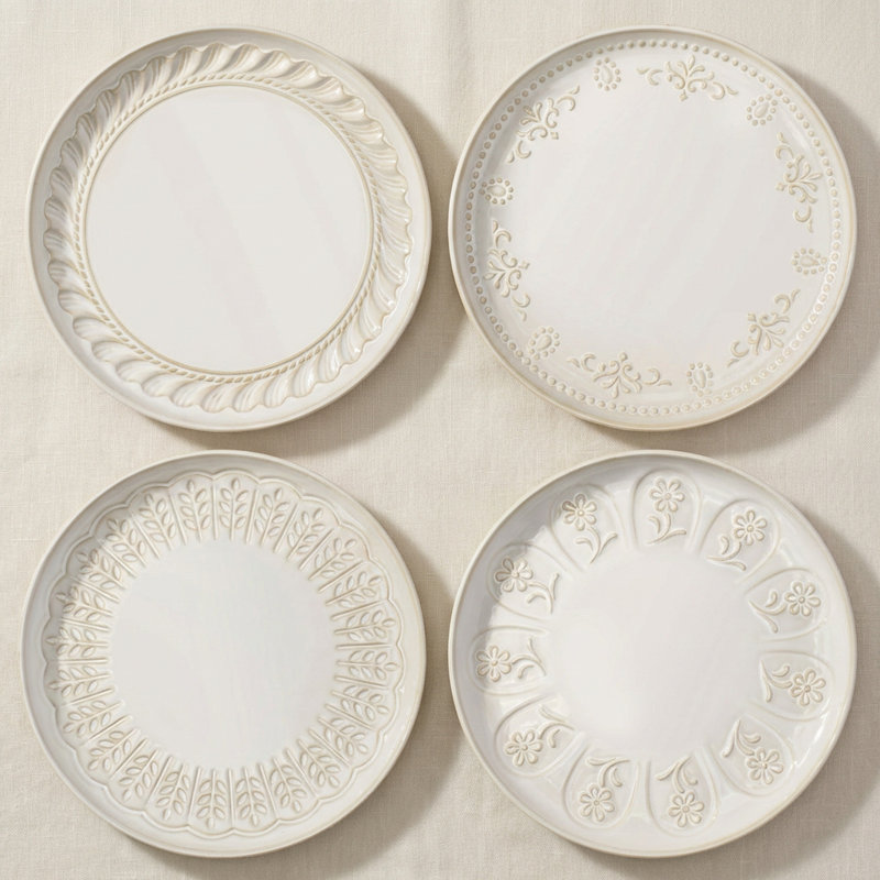 4 assiettes à dîner 4 pièces 10,75 po, glaçure réactive, rebord anti-éclaboussures, va au micro-ondes, registre de mariage et cadeau des Fêtes, damas