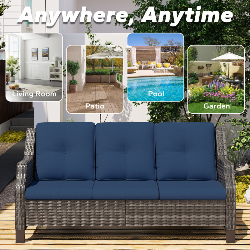 All-Weather 3-Seater PE Wicker Patio Sofa with Weather-Resistant Cushions, Rust-Proof, Indoor-Outdoor, Blue