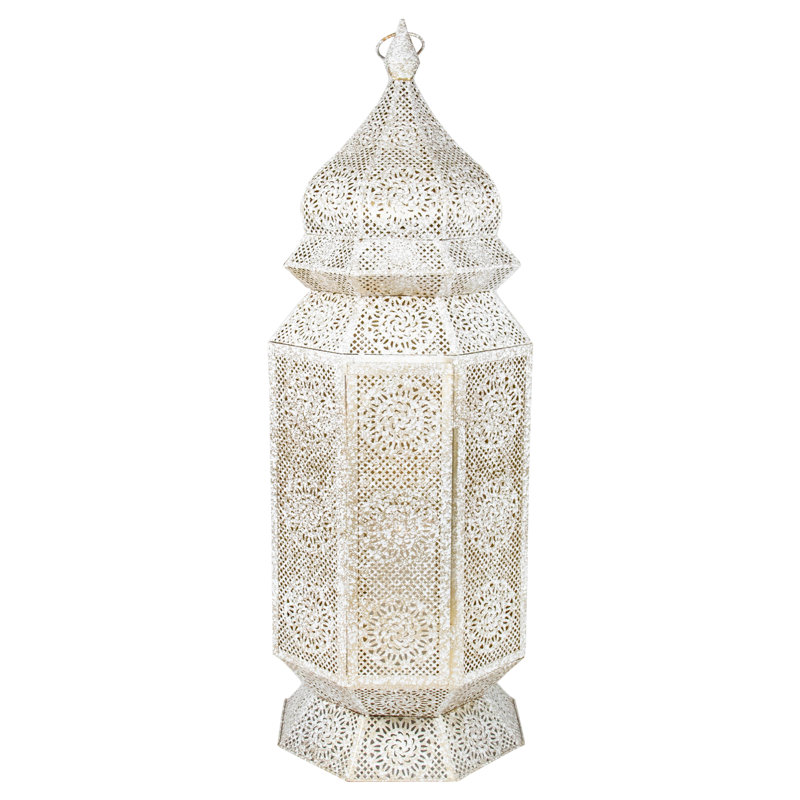 29.5" Moroccan Style Floor Pillar Candle Lantern, Distressed White/Gold