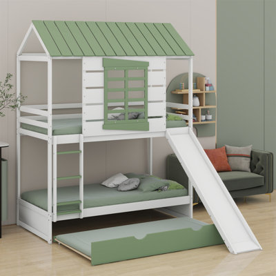 House Bunk Bed With Convertible Slide And Trundle