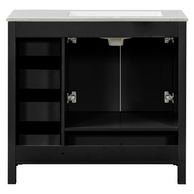 Meuble-lavabo blanc 36 po avec lavabo en céramique, meuble-lavabo autoportant avec 5 tiroirs et 2 portes à fermeture en douceur, petit rangement