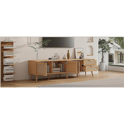70inch Modern TV Stand with Rattan Doors for TVs up to 80", Media Console with Storage Space, 2 Drawers & Cable Holes