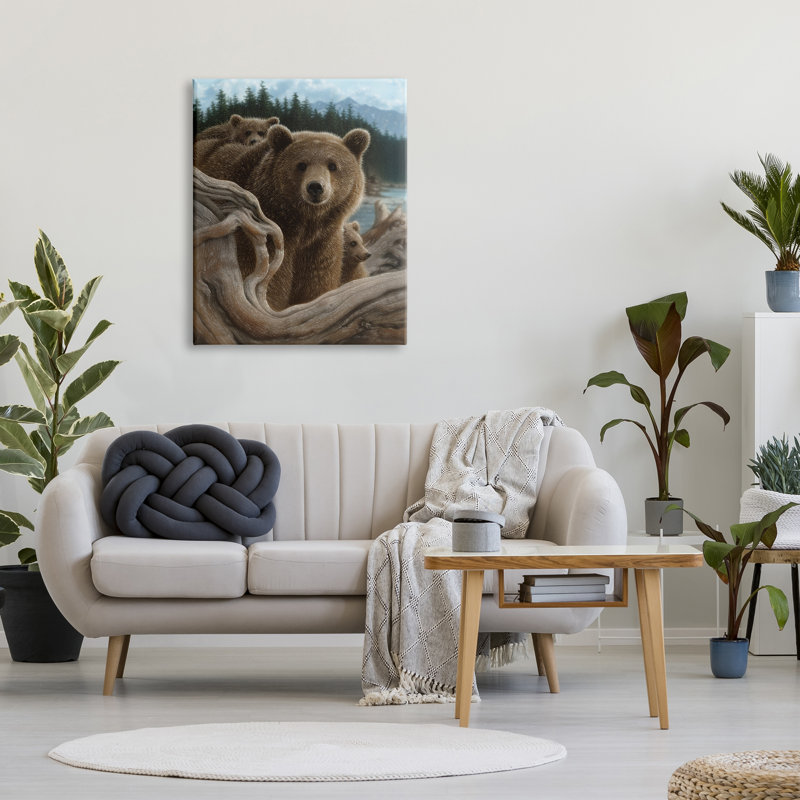 «30_Brown Bears Rustic Animal Family Tree Forest Lake tendue, art mural par Collin Bogle, H 40 po x l 30 po x P 1,5 po