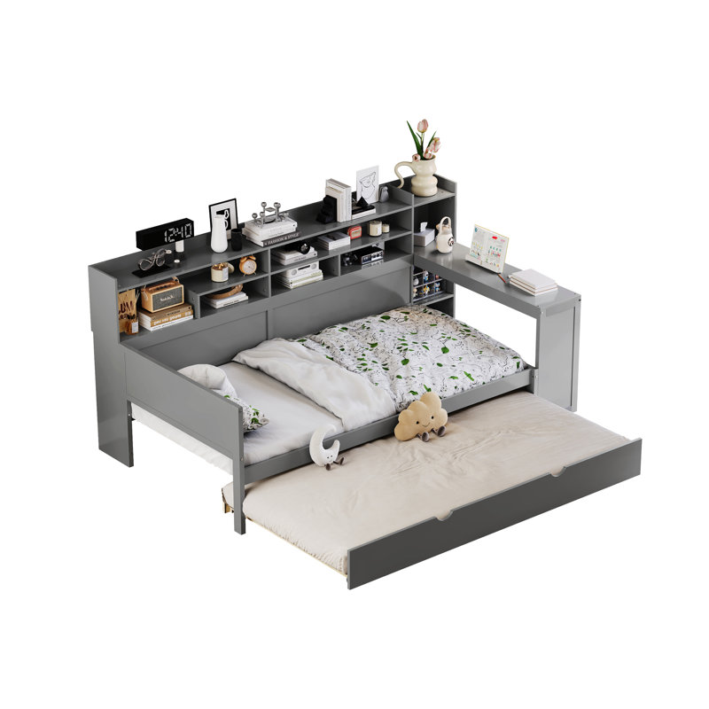 Twin Size Gray Daybed With Trundle Bed, Storage, And Study Desk - Comfortable Useful Wooden Bed Desk, Trundle, Storage Shelves Ideal For Space Saving