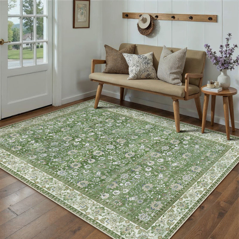  Tapis oriental lavable à la machine avec envers antidérapant Kitty, Vert clair, Rectangle 5 pi x 7 pi
