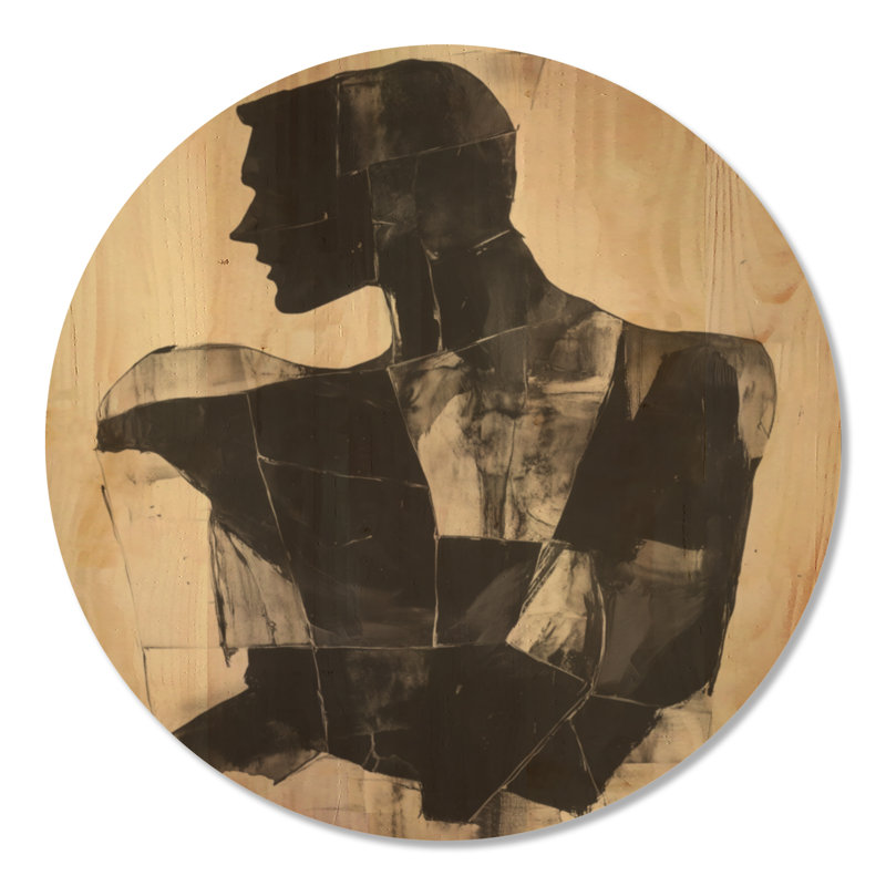Silhouette fracturée - Portrait noir abstrait, impression d'art mural ronde en bois, Rond 23 po, Rond