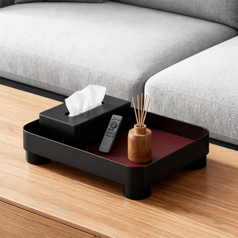 Black,European Vintage Leather Tray - Elegant Square Footed Organizer For Jewelry, Watches, Remote Controls, Bathroom Essentials, And Tabletop Decor