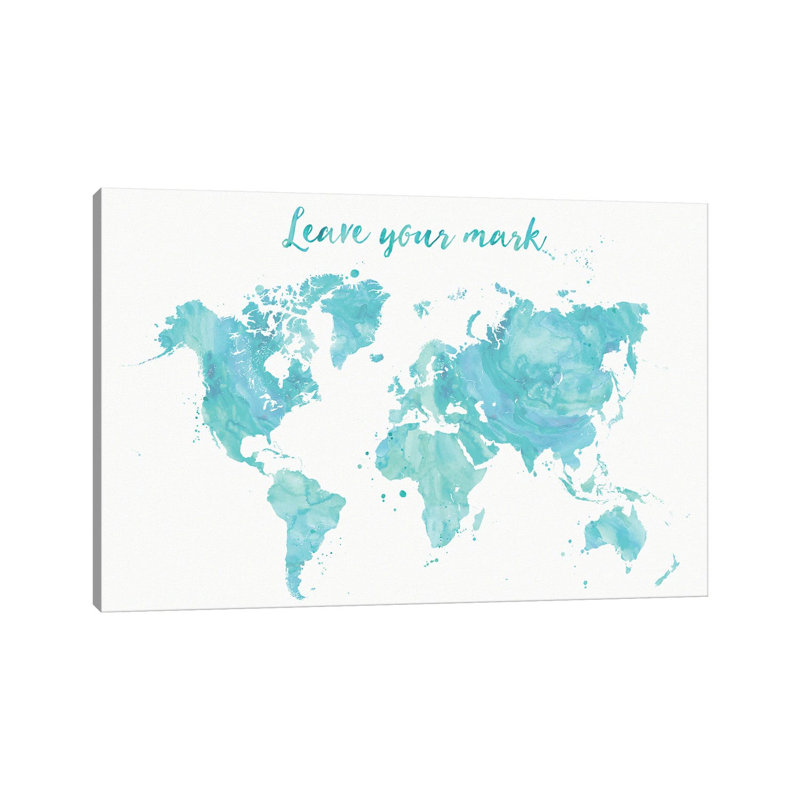 Leave Your Mark Aquamarine Watercolor World Map by Blursbyai - Gallery-Wrapped Canvas Giclée on Canvas, Canvas