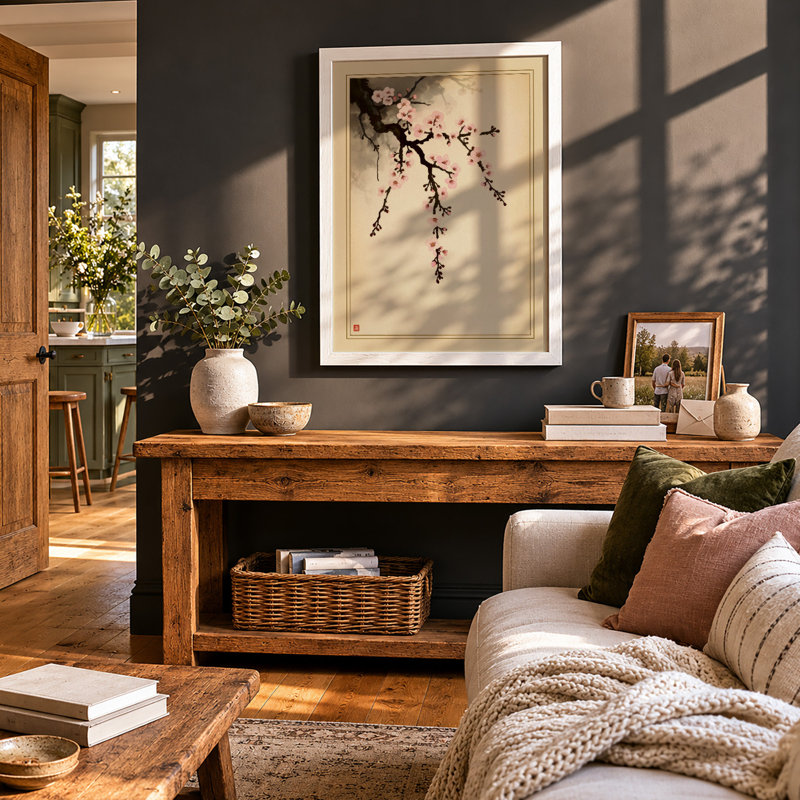 Moonlit Cherry Blossom Japandi - Framed Print, A2 - 59.4 x 42.0 cm, White