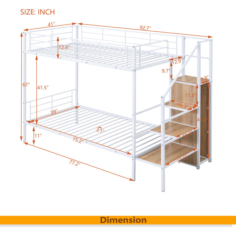 Lit superposé en métal avec échelle de rangement latérale et garde-robe, Lit simple, Blanc