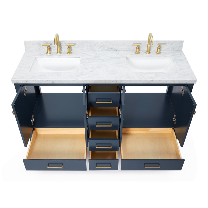 Cambridge 61'' Double Bathroom Vanity with Carrara Marble Top, Midnight Blue / Satin Brass