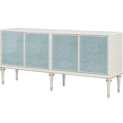 Elegant Cabinet In Pearl White & Silver With Glass Pattern Front And Storage Stylish Console Wooden Leg Design