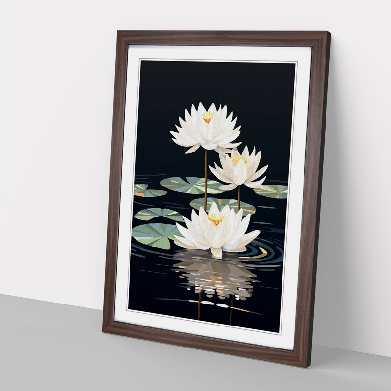 XYZ-FRM-V1223-6394 Water Lily Art Deco No.3 - Single Picture Frame Print on Wood, 64cm H x 46cm W x 2cm D, Walnut