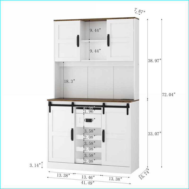 Bar Cabinet, Farmhouse White Buffet with Sliding Barn Door, Storage &amp; USB Ports | Finished MDF | Rustic Coffee Bar Sideboard