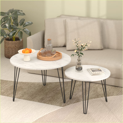 White Nesting Coffee Table Set, MDF & Metal – Space-Saving for Living Room Small Spaces