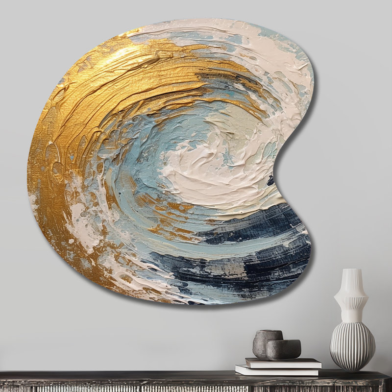 Or et bleu spirale nébuleuse - spirale abstraite, art mural en métal asymétrique, H 27 po x l 27 po