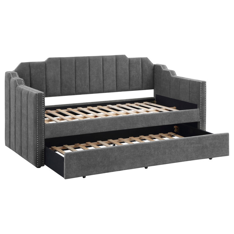 Lit de jour simple rembourré gris anthracite, capitonnage moderne, têtes de clous, lit gigogne de style contemporain, lit supplémentaire escamotable
