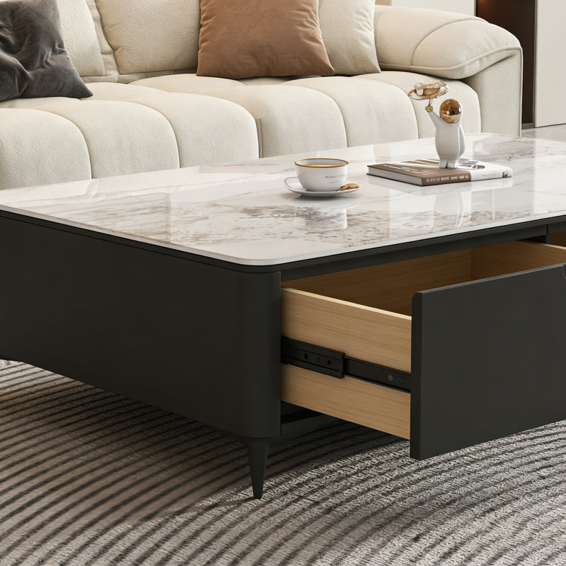 Luxury-Style Granite-Panel Storage Coffee Table, White/Gray, 16.5" H x 55.1" L x 27.6" W, Black