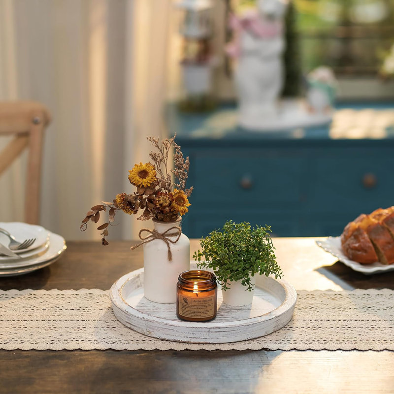 Candle Plate Holder Tray: Round Wooden Decorative Candle Plate Small Farmhouse Table Centerpiece Rustic White Wood Tealight Pillar Trays For Home Decor