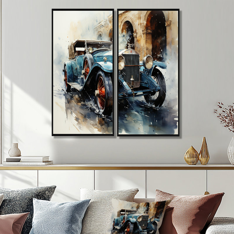 Une aquarelle capturant une voiture rétro - décoration murale rétro surdimensionnée, H 32 po x l 32 po, Noir