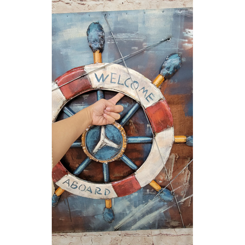 «Welcome Aboard Ship Wheel and Deck», peinture à l'huile sur toile 3D