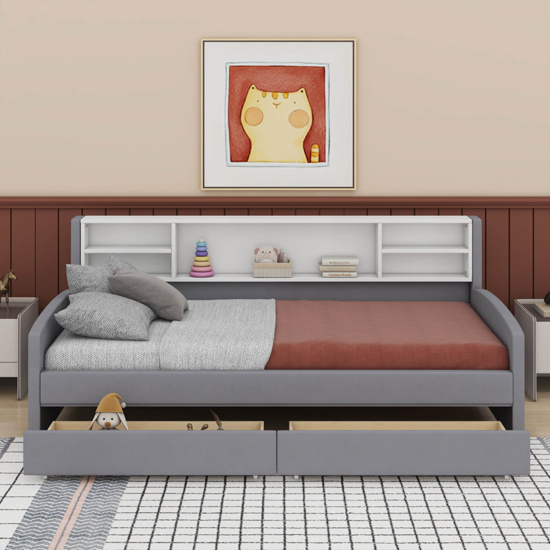 Lit plateforme simple tapissier avec tiroirs, Gris