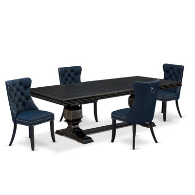 5-piece dining table set includes a dining table and 4 Navy Blue Polyester Fabric dining Chairs with Button Tufted Chair Back - Sand Blasting Black Finish.