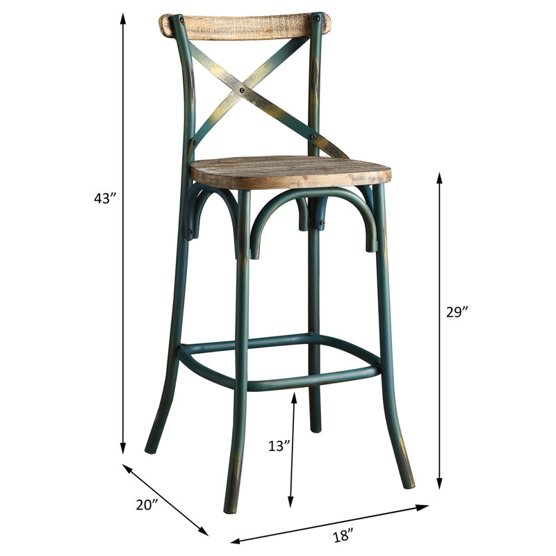 Tabouret de bar vintage en turquoise et chêne - Confortable et de haute qualité, base robuste à quatre pieds avec repose-pieds, élégant pour la salle à manger, dossier croisé pour une assise optimale, style classique et stable